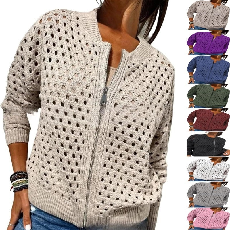 Womens Open Knit Zip Cardigan with Crew Neck
