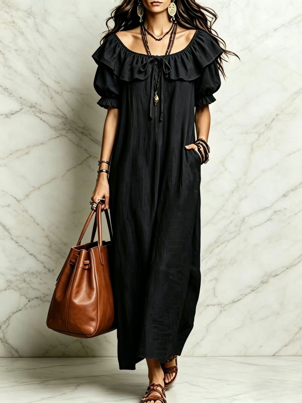 Womens Ruffle Neck Maxi Dress with Pockets and Short Sleeves