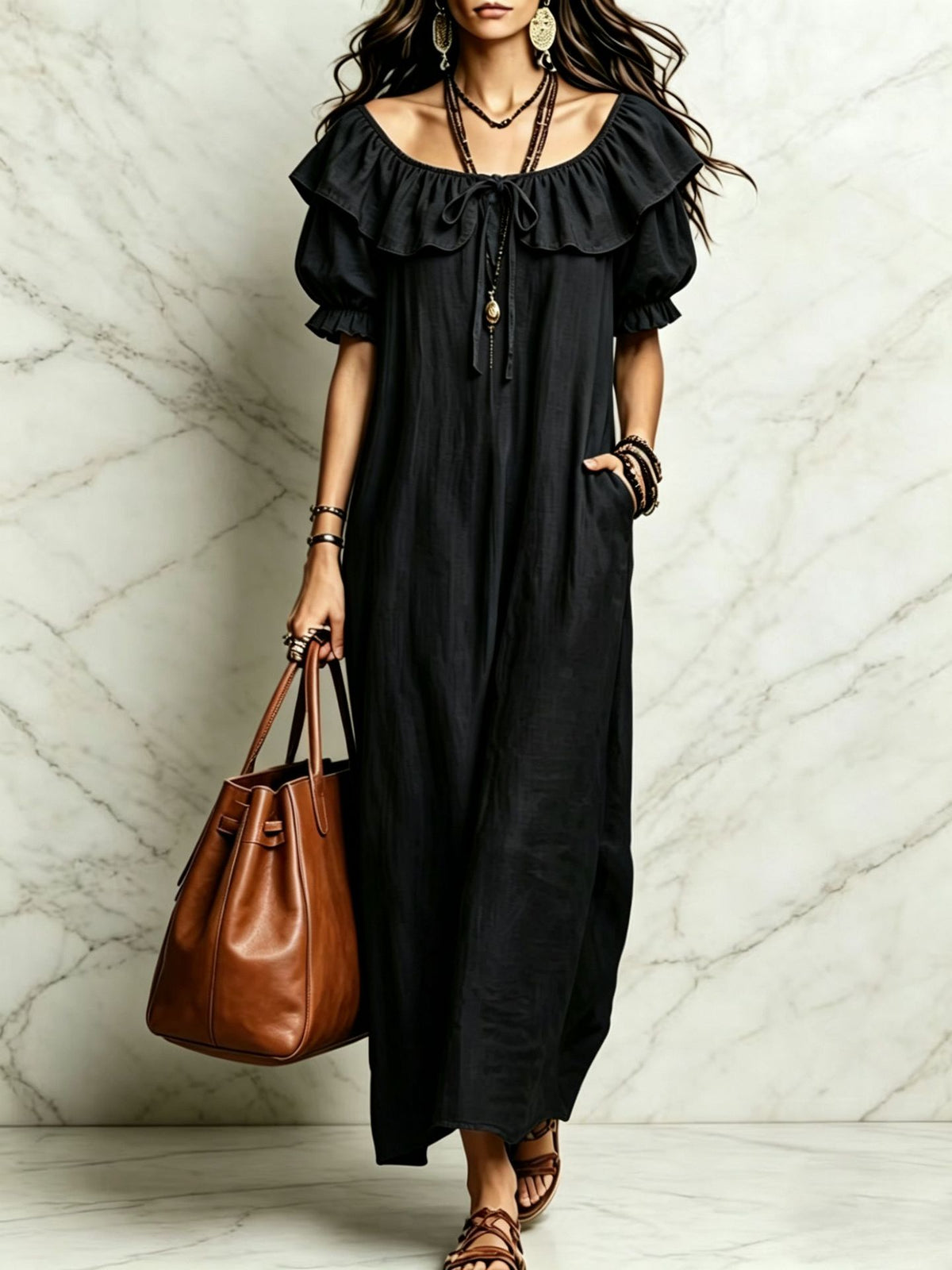 Womens Ruffle Neck Maxi Dress with Pockets and Short Sleeves