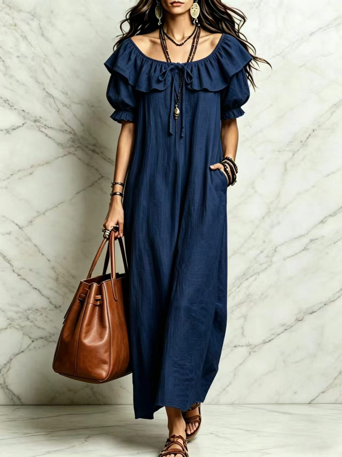 Womens Ruffle Neck Maxi Dress with Pockets and Short Sleeves