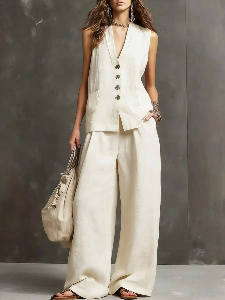 Womens Cotton Linen Co ord Set with Vest and Wide Leg Trousers
