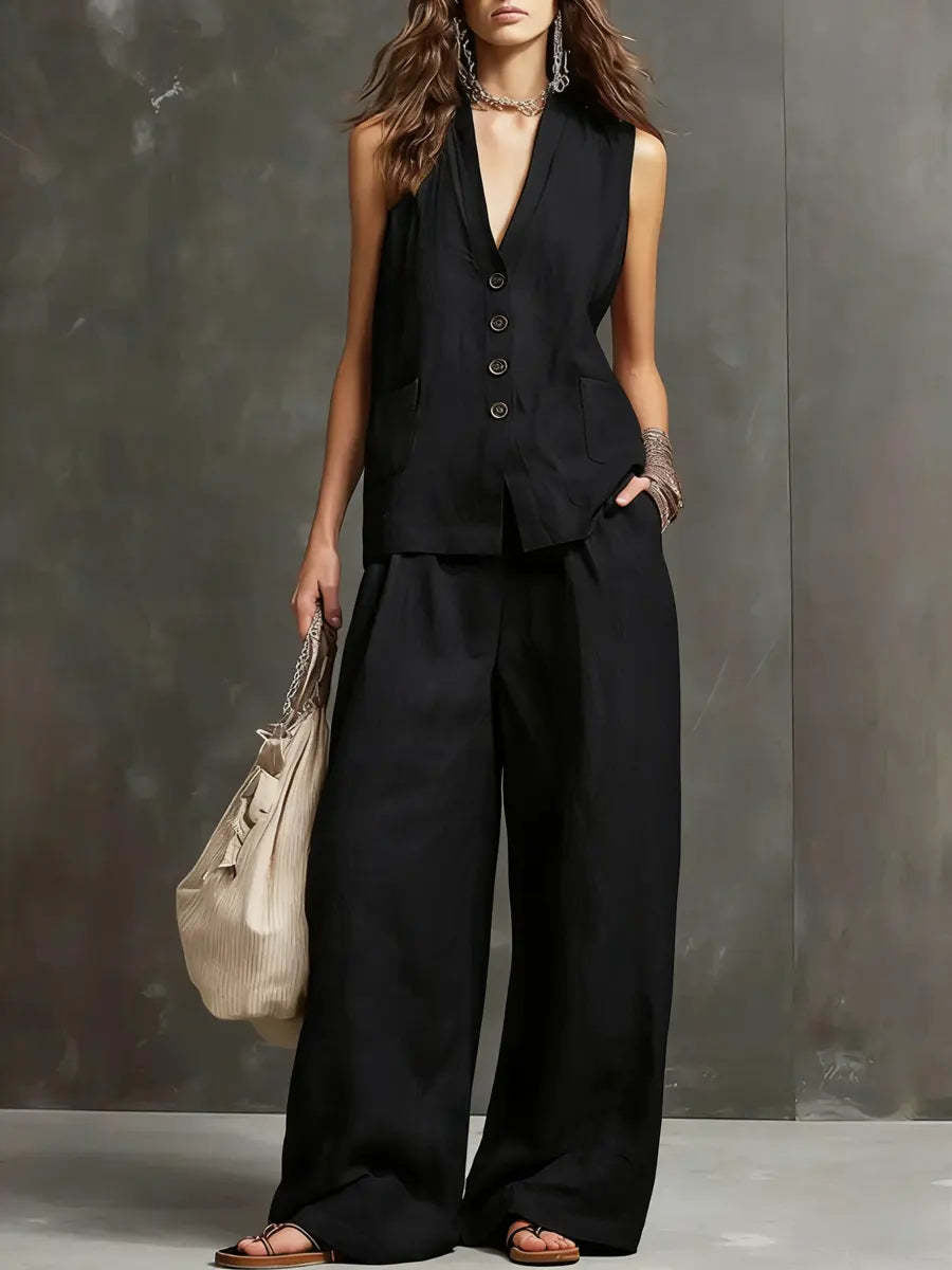 Womens Cotton Linen Co ord Set with Vest and Wide Leg Trousers