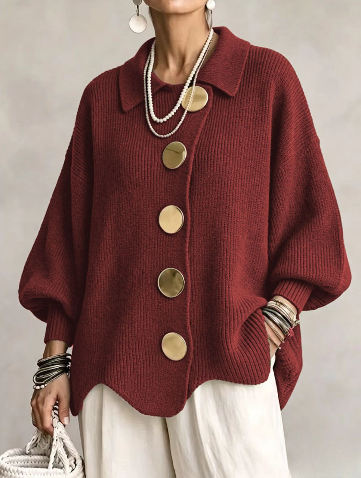 Womens Relaxed Fit Knitted Cardigan Long Sleeve