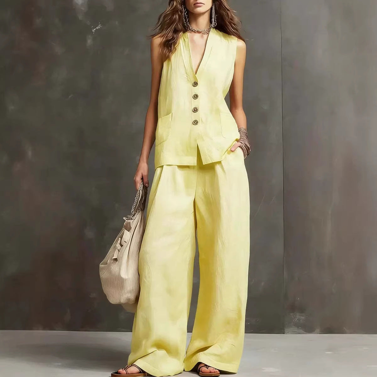 Womens Cotton Linen Co ord Set with Vest and Wide Leg Trousers