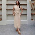 Womens Lace Up Midi Shirt Dress with Puff Sleeves