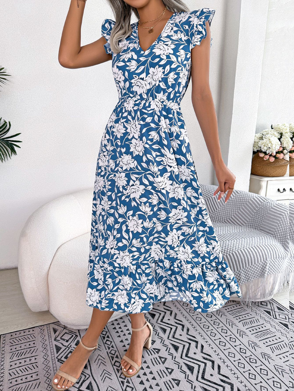 Womens Floral Maxi Dress Ruffle Trim and Tie Waist