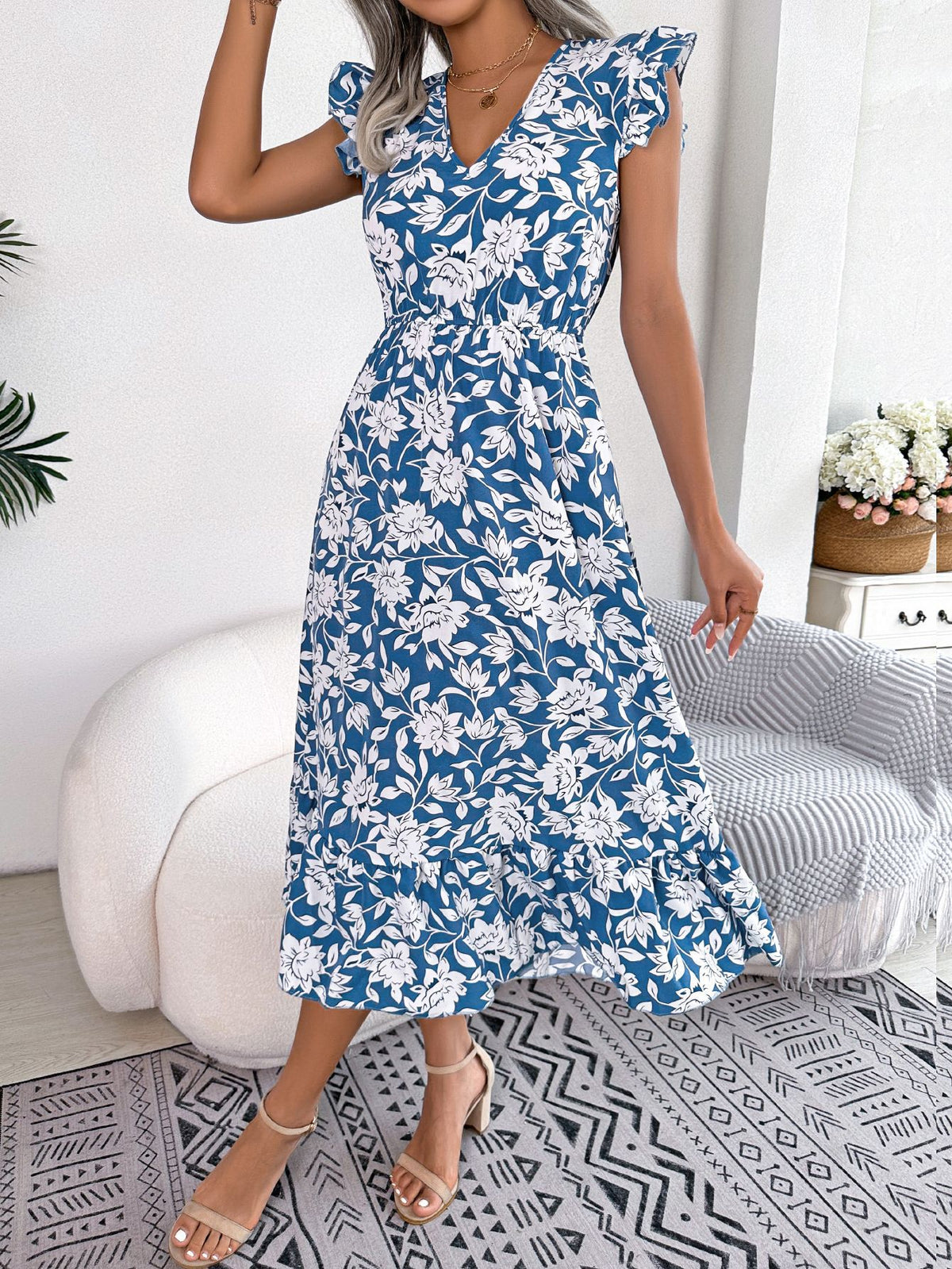 Womens Floral Maxi Dress Ruffle Trim and Tie Waist