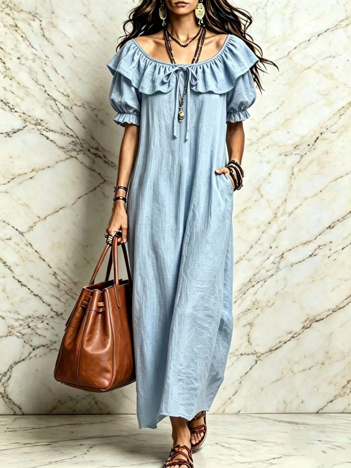 Womens Ruffle Neck Maxi Dress with Pockets and Short Sleeves