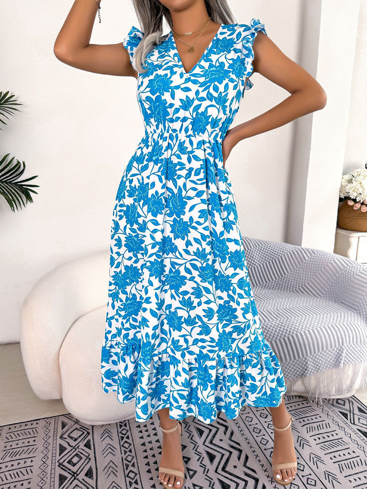 Womens Floral Maxi Dress Ruffle Trim and Tie Waist