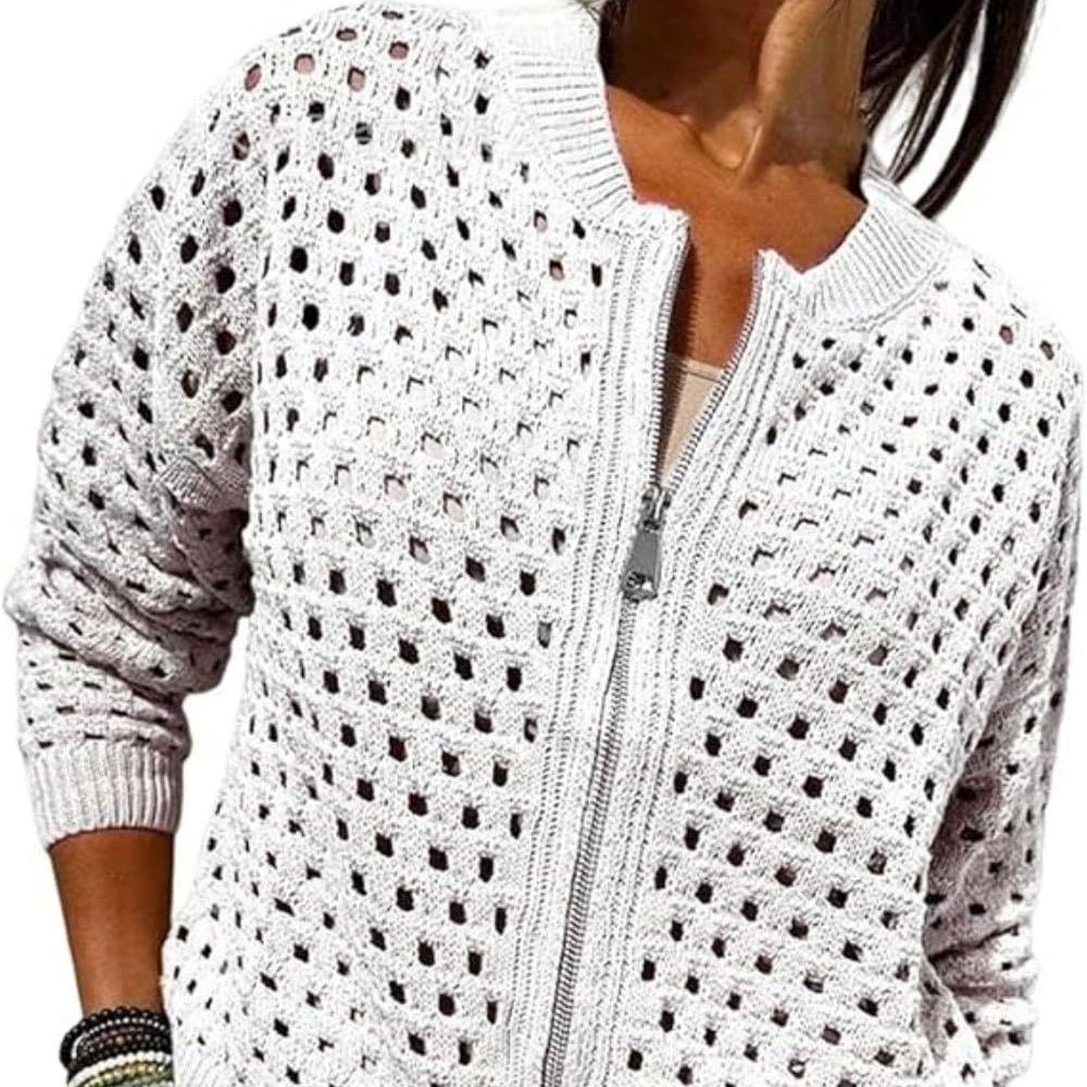 Womens Open Knit Zip Cardigan with Crew Neck