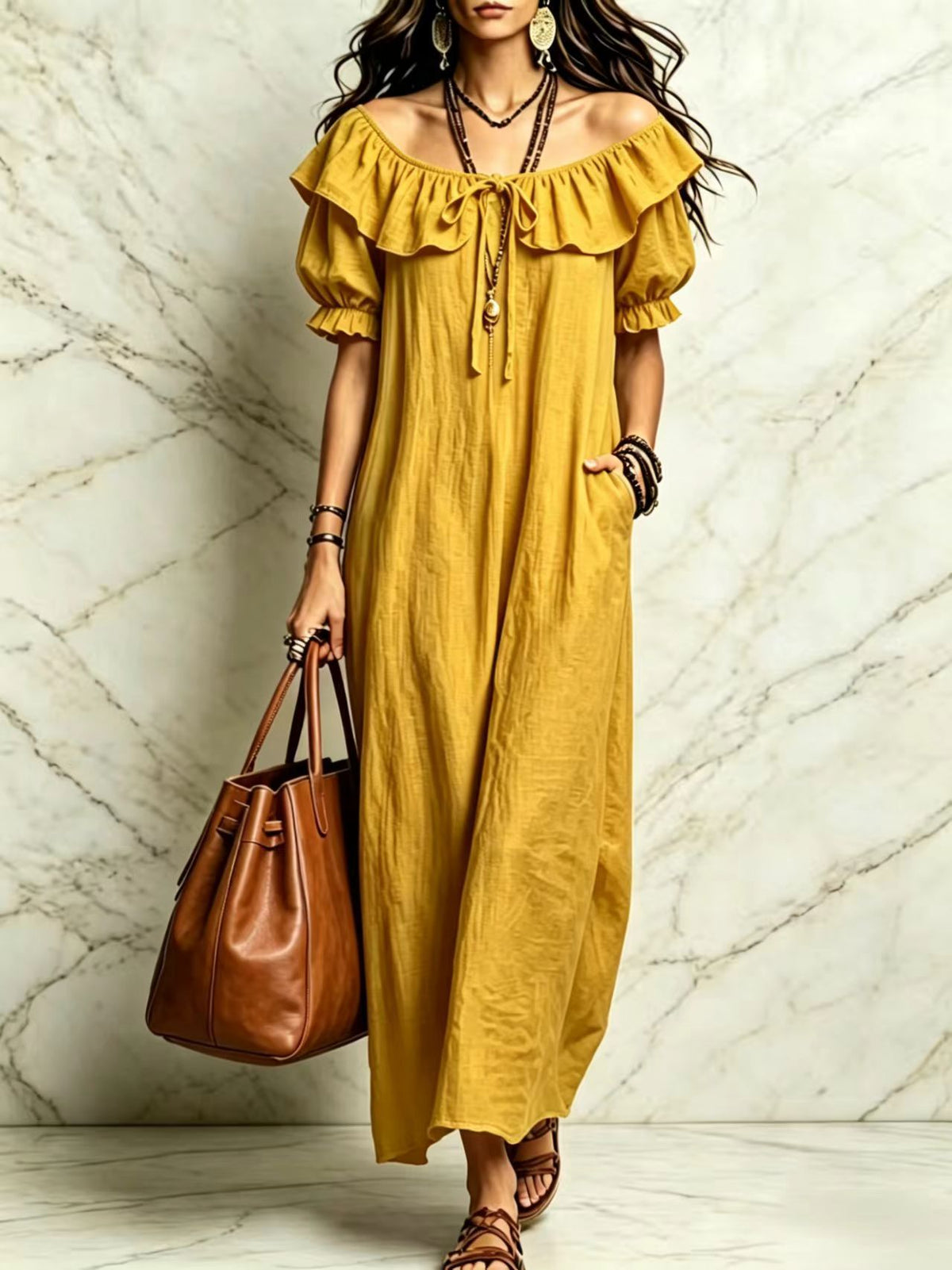 Womens Ruffle Neck Maxi Dress with Pockets and Short Sleeves