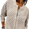 Womens Open Knit Zip Cardigan with Crew Neck