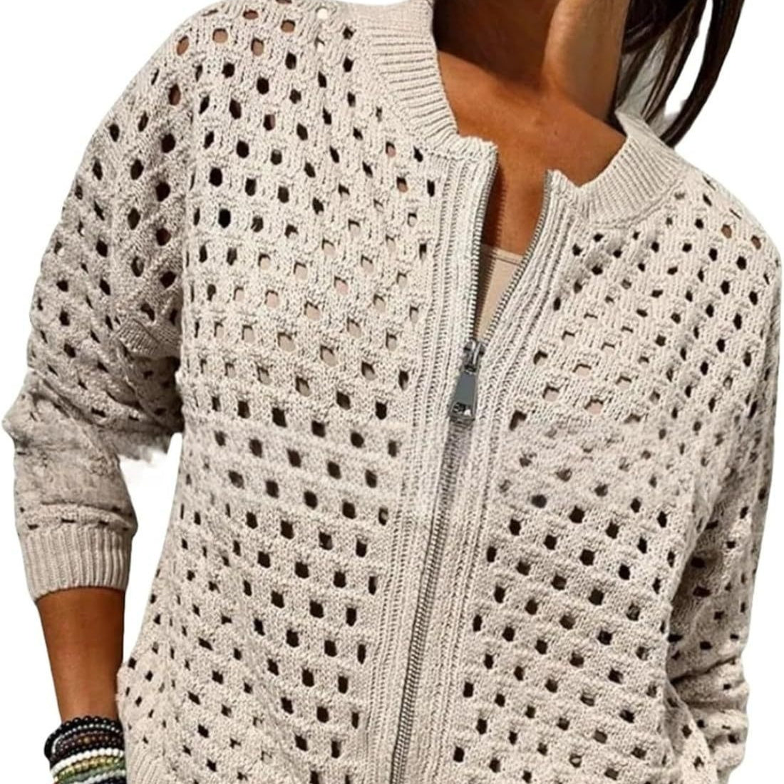 Womens Open Knit Zip Cardigan with Crew Neck