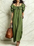 Womens Ruffle Neck Maxi Dress with Pockets and Short Sleeves