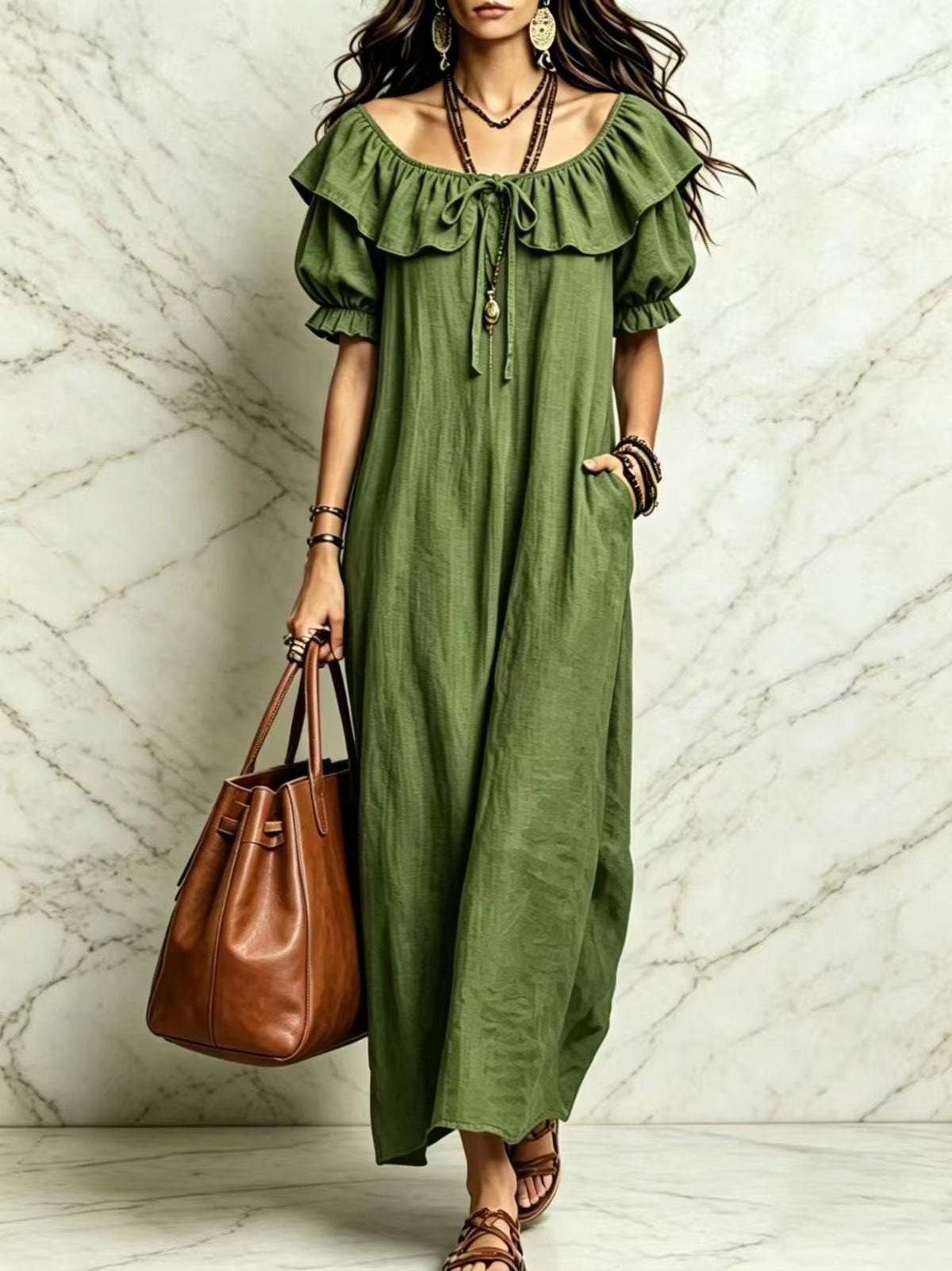 Womens Ruffle Neck Maxi Dress with Pockets and Short Sleeves