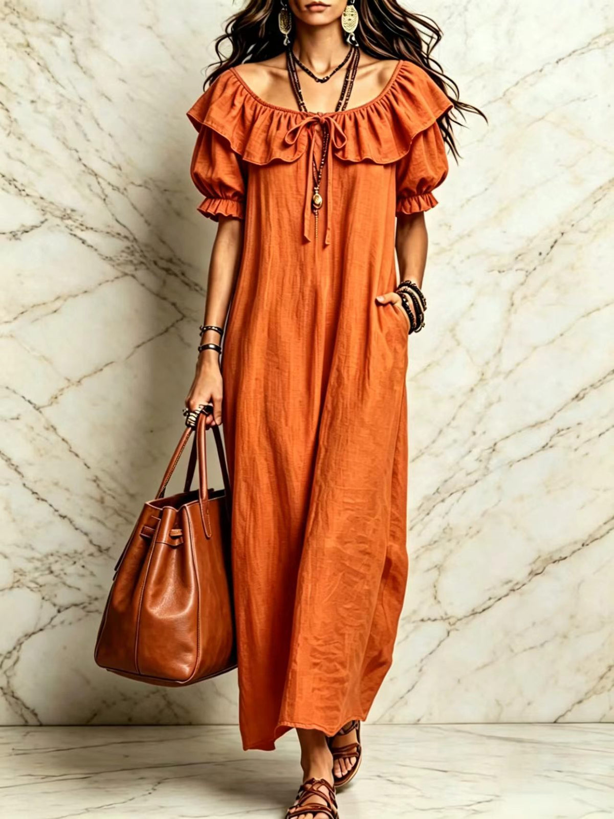 Womens Ruffle Neck Maxi Dress with Pockets and Short Sleeves